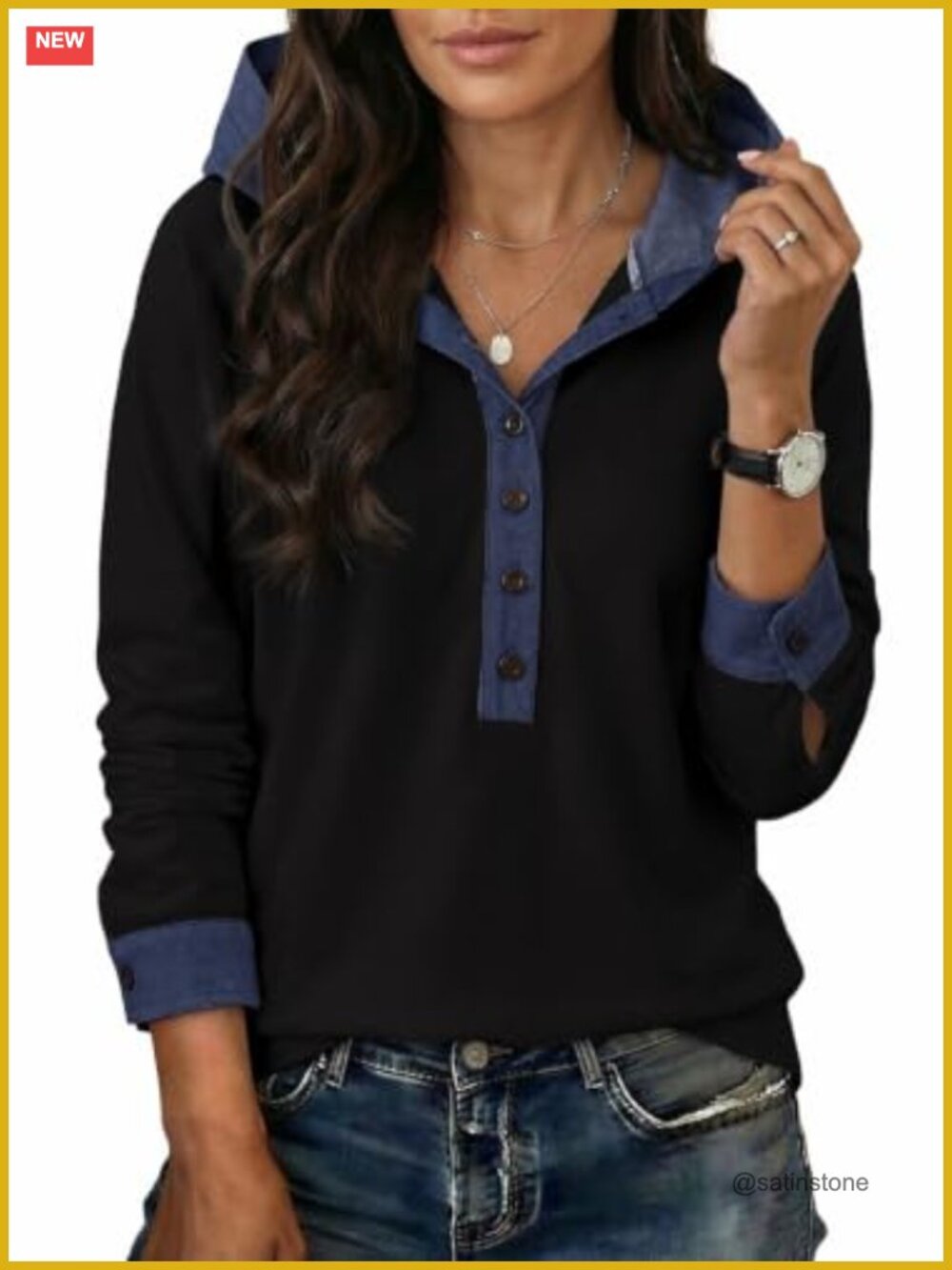 Casual Hooded Sweatshirt Denim Colorblock Relaxed Fit Long Sleeve Pullover